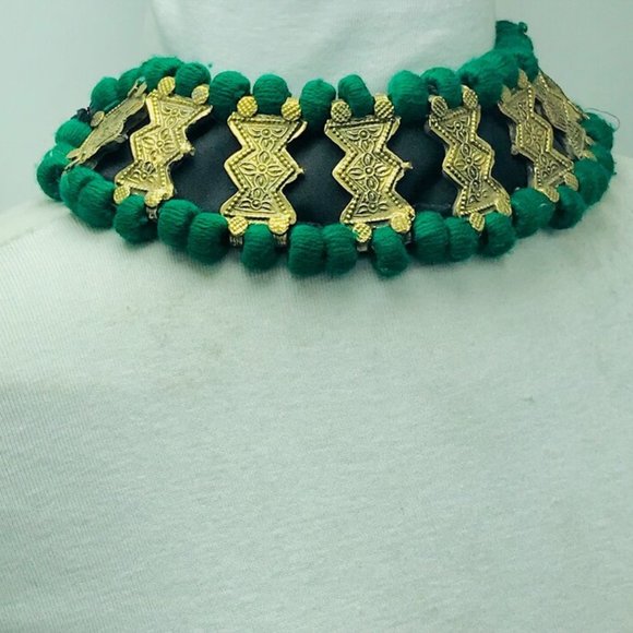 Green Vintage Choker Necklace, Handmade Afghan Metal Choker Tribal Green Choker - Picture 5 of 12